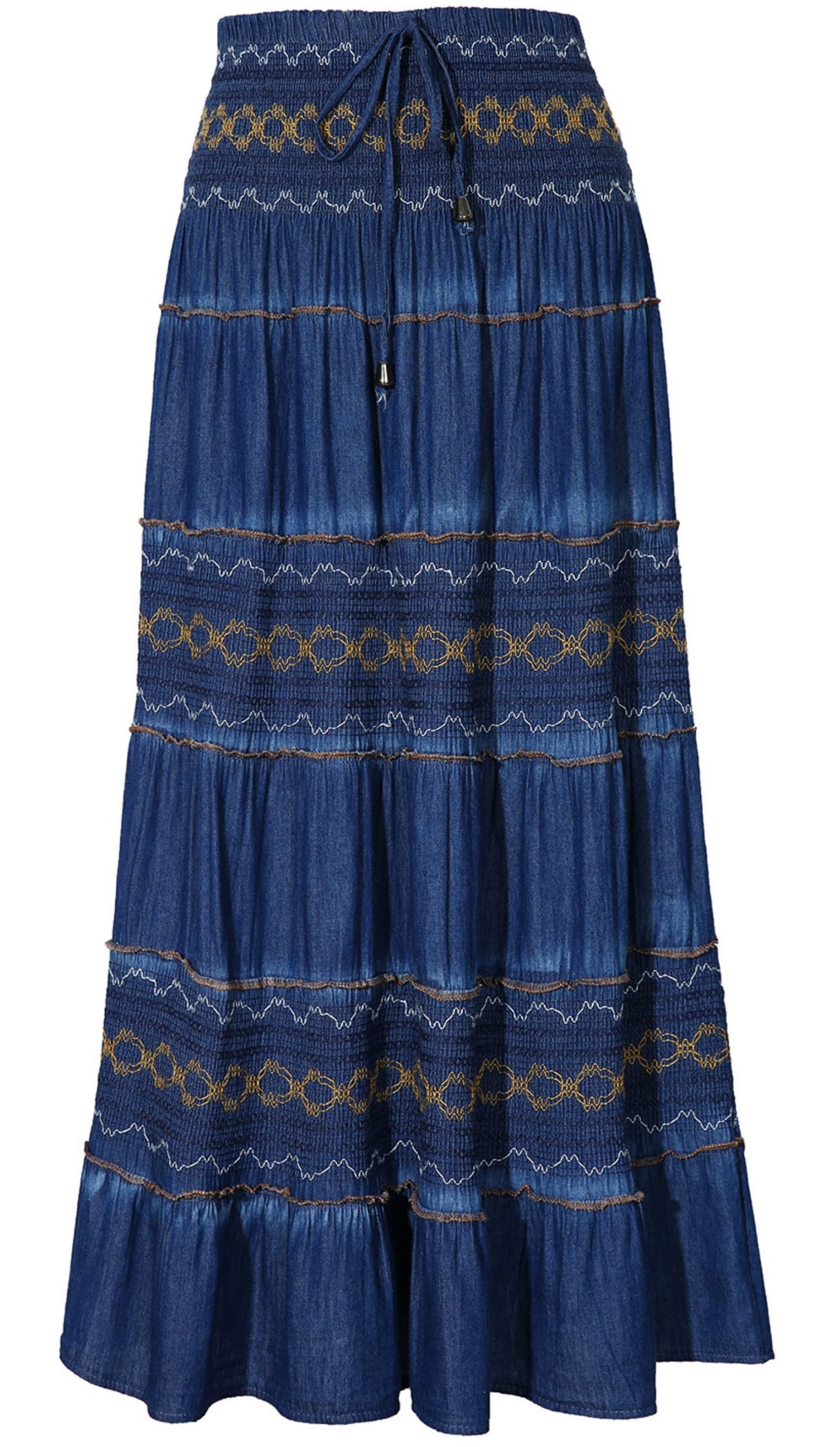DREFBUFY Womens Denim Skirt High Waist Pleated Tiered Long Skirts Maxi Casual Style Jean Dress for Women