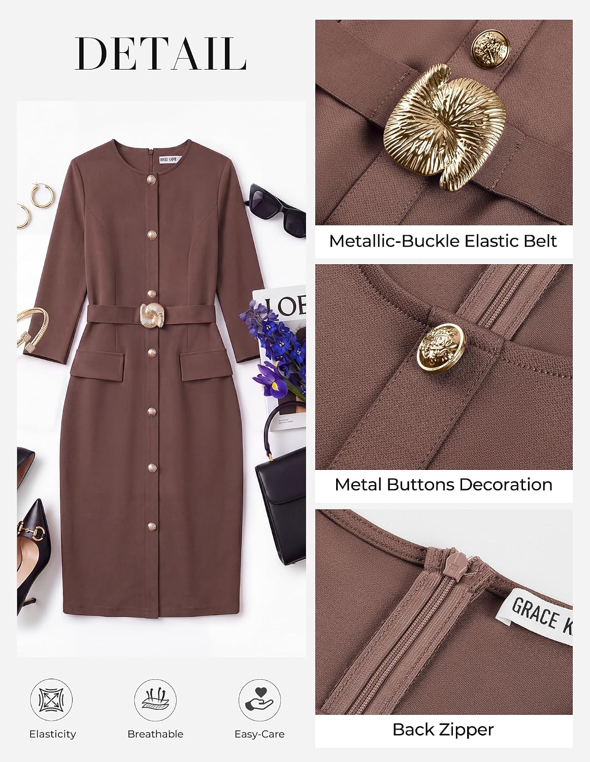 GRACE KARIN Women's 3/4 Sleeve Work Office Business Casual Dress