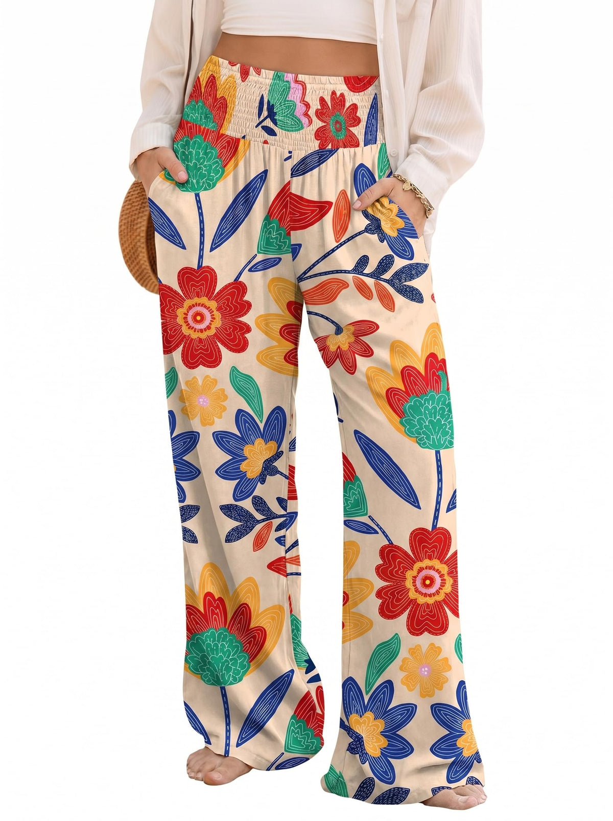 Dokotoo Women's Summer Boho Floral Bagyy Pants Wide Leg High Smocked Waist Casual Loose Palazzo Pants with Pocket