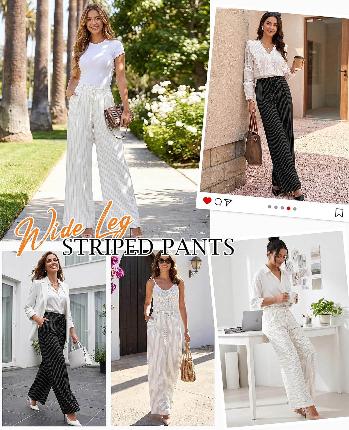 Youtalia Wide Leg Pants for Women Striped Drawstring Back Elastic Waist Trousers Casual with Pockets