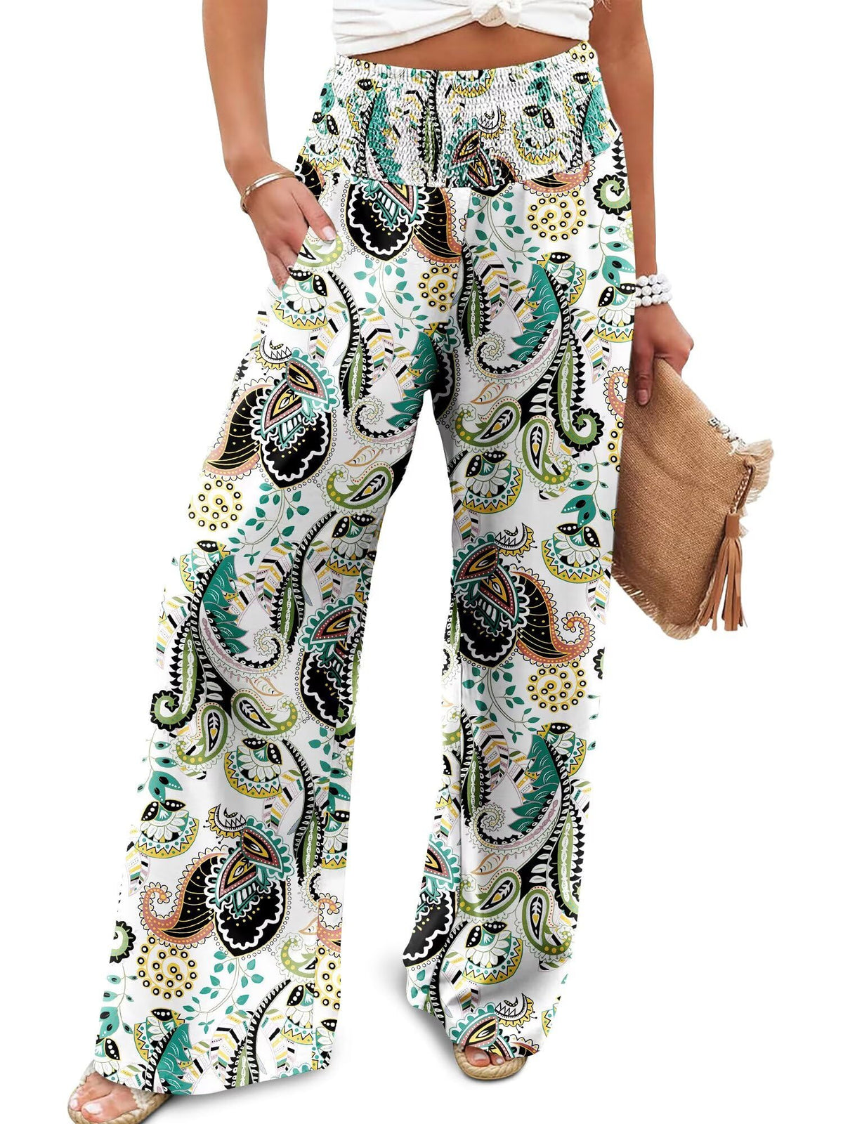 JZC Womens Wide Leg Pants Elastic High Waisted Palazzo Pants Summer Flowy Casual Trousers Beach Travel Vacation Outfits