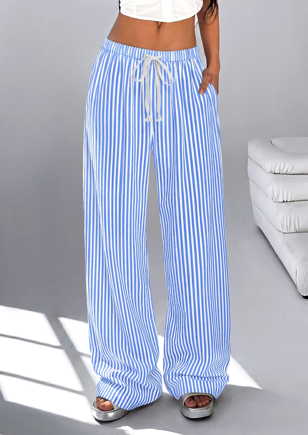 PRETTYGARDEN Striped Wide Leg Pants Women Loungewear with Pocket