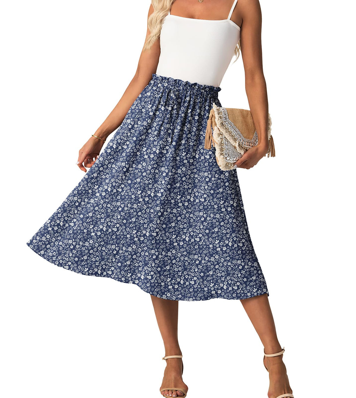 FREEOAK High Waist Skirts for Women Below Knee Casual Flowy Summer Midi Skirts Palazzo A-Line Long Skirt with Pockets