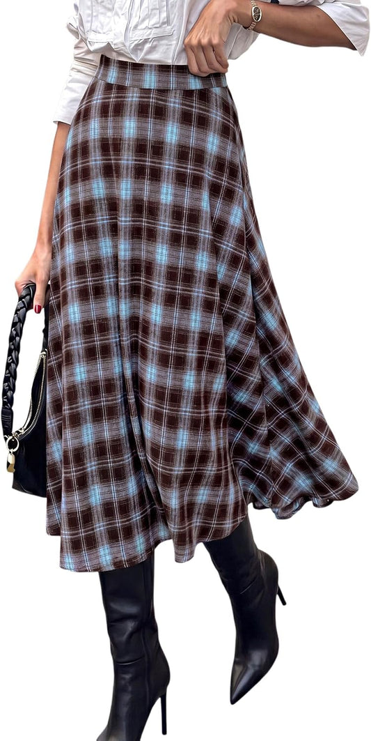 PRETTYGARDEN Women's Plaid High Waisted A-Line Midi Skirts