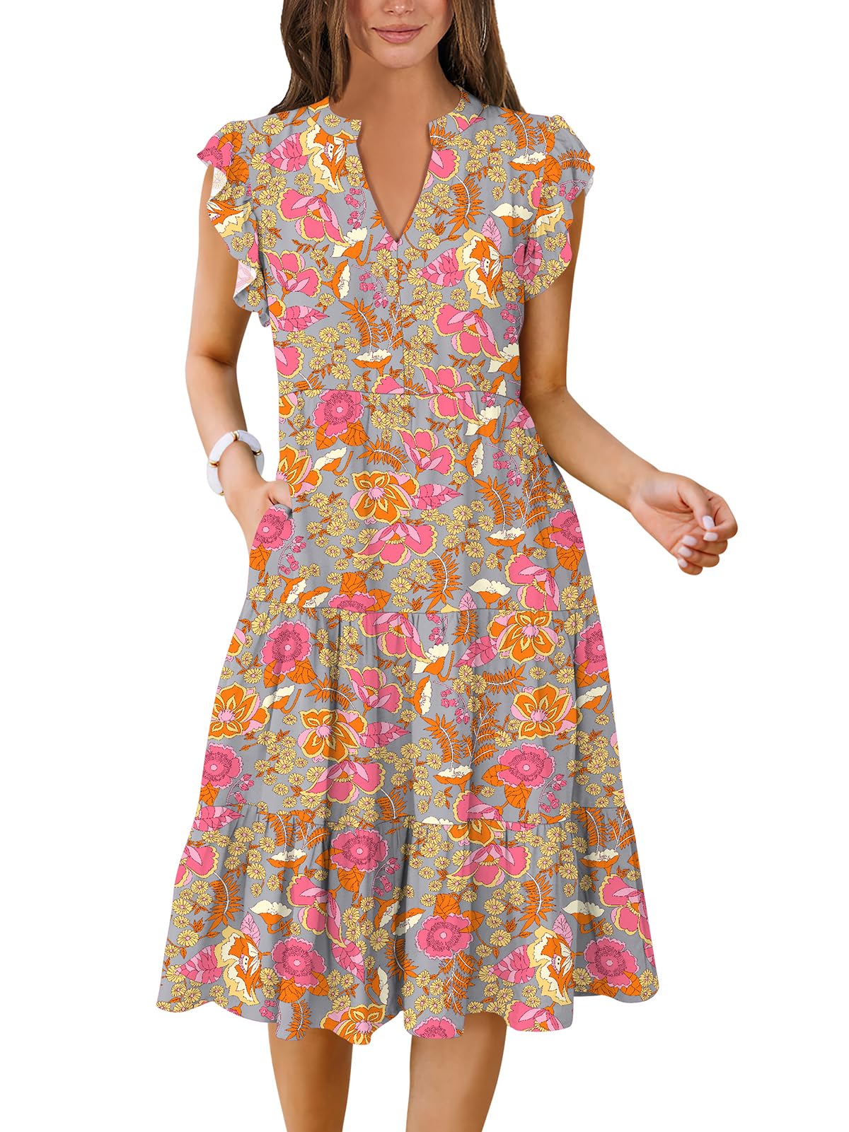 ANRABESS Womens Summer Dress Ruffle Sleeve V Neck Midi Dresses