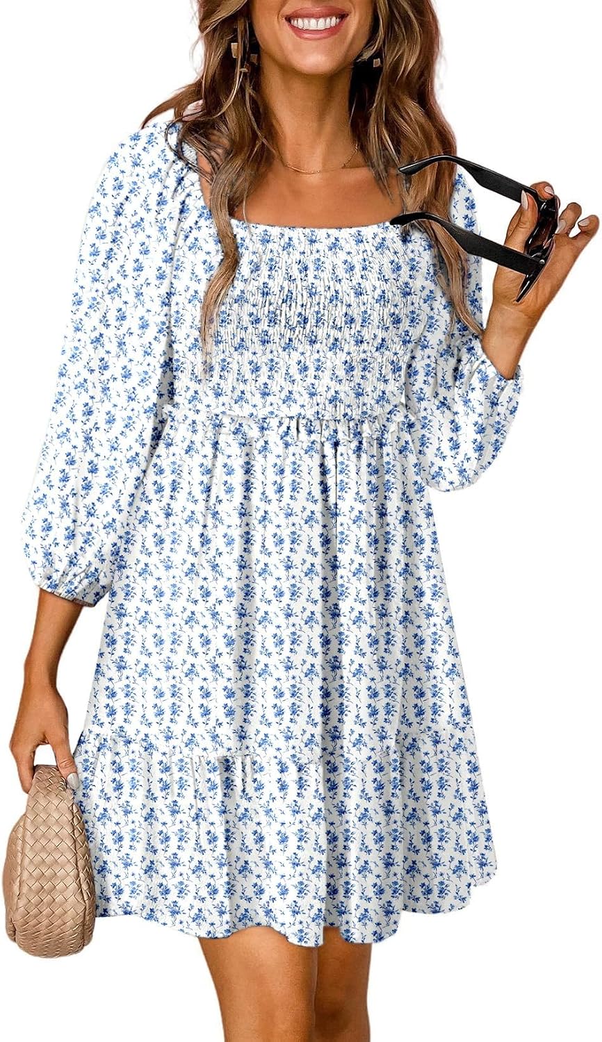 Dokotoo Fall Dresses for Women 2025 Boho Floral Square Neck Smocked 3/4 Sleeve Casual A-Line Swing Mini Dress Sundress