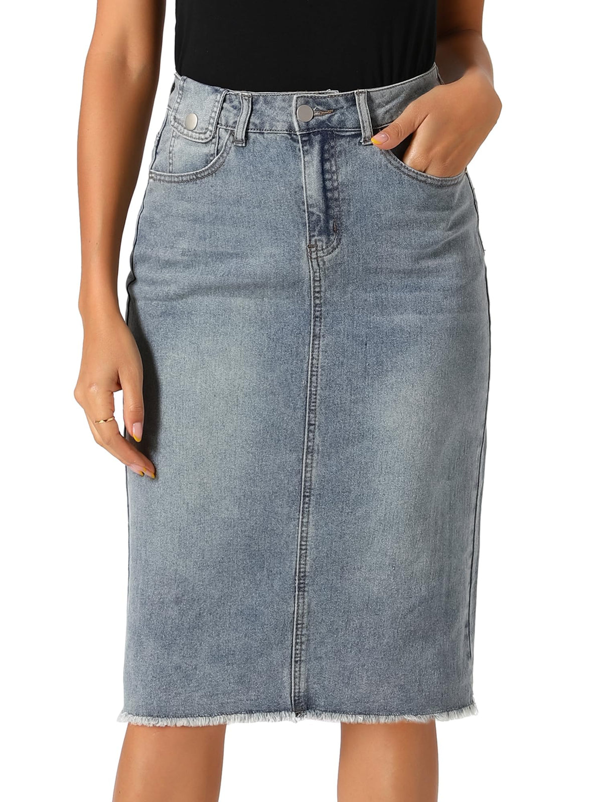 Allegra K Women's Casual Jean Skirt Raw Hem Stretch High Waist Denim Skirts