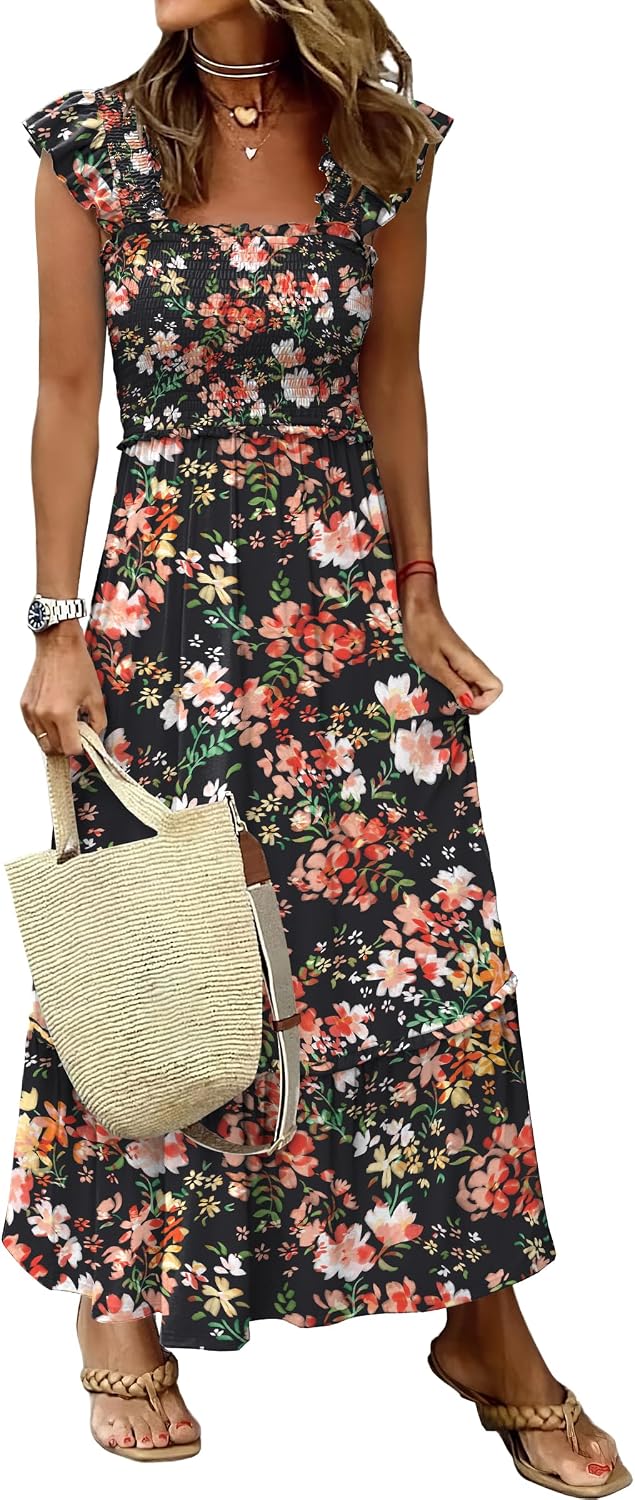 ANRABESS Womens Summer Sleeveless Maxi Dress Square Neck Smocked Boho Casual Ruffle Strap Flowy A-Line Long Beach Sundress