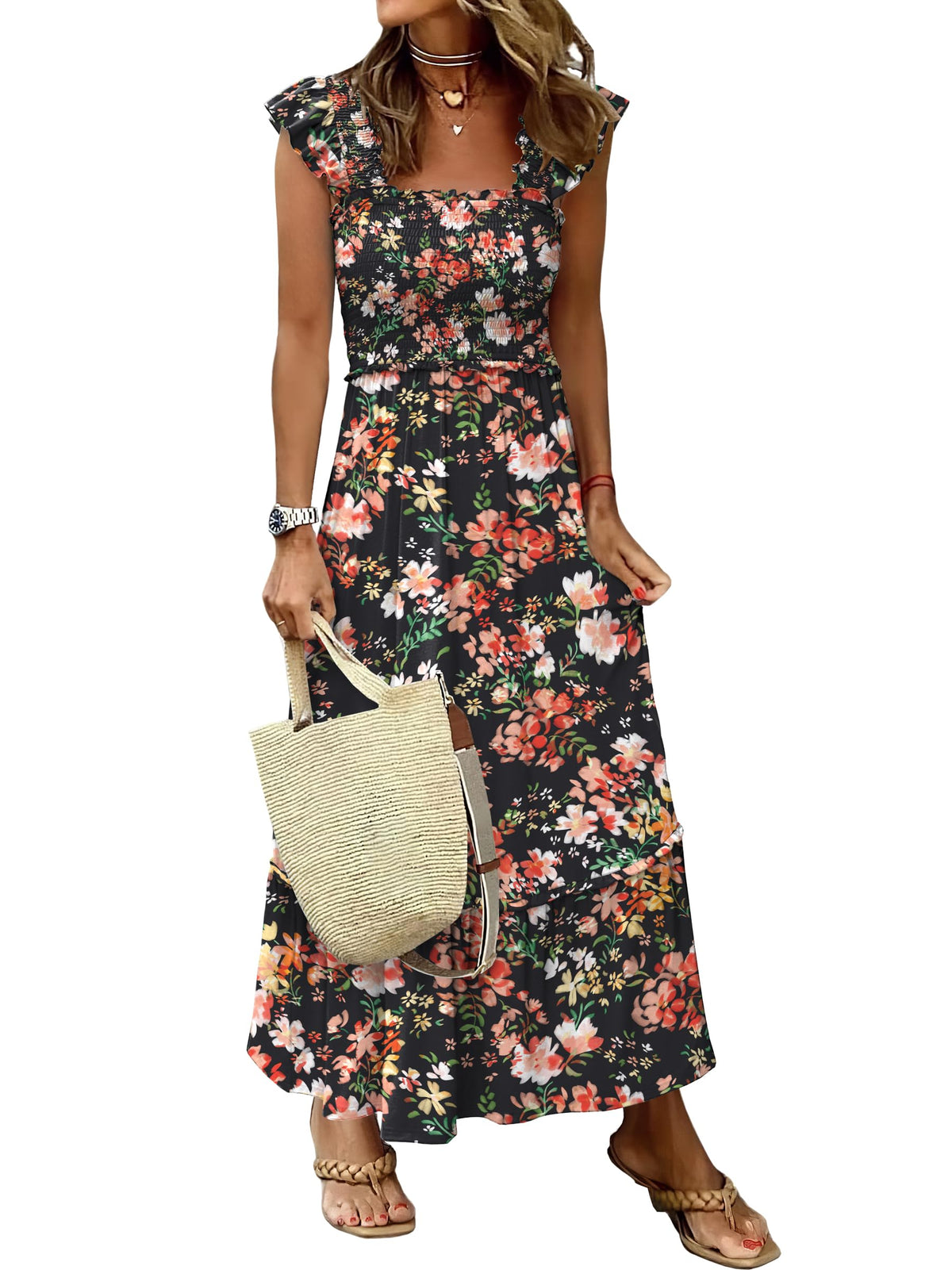 ANRABESS Womens Summer Sleeveless Maxi Dress Square Neck Smocked Boho Casual Ruffle Strap Flowy A-Line Long Beach Sundress