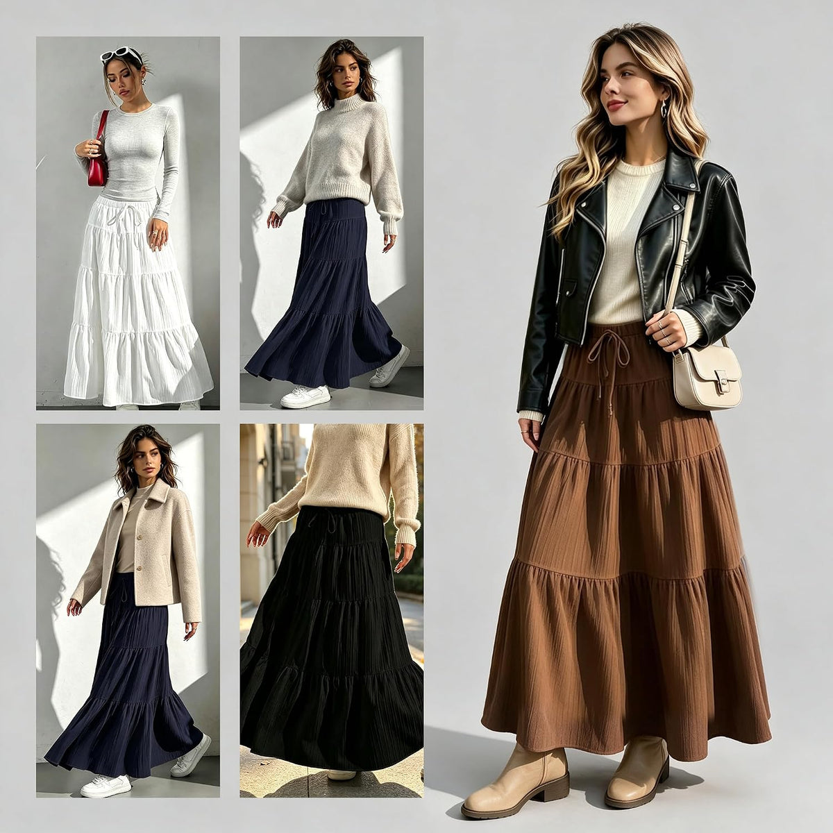 Maxi Skirt for Women Long Boho Flowy Ruffle Elastic High Waist