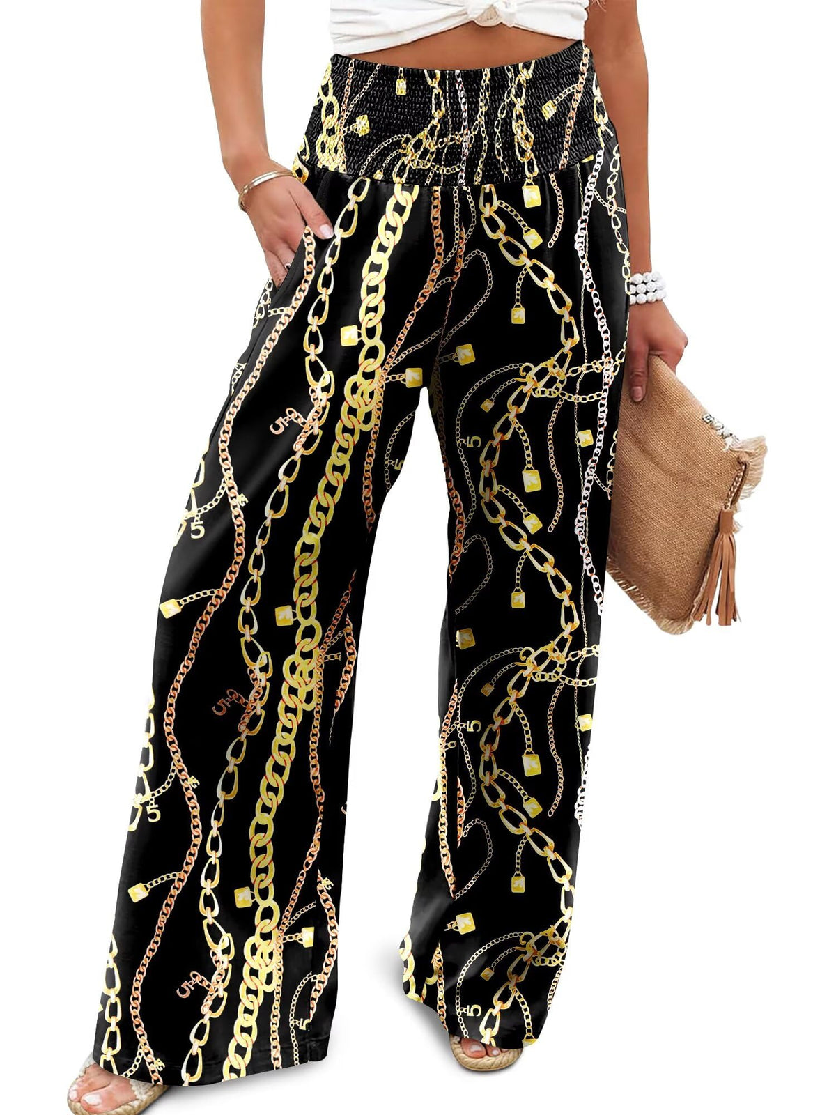 JZC Womens Wide Leg Pants Elastic High Waisted Palazzo Pants Summer Flowy Casual Trousers Beach Travel Vacation Outfits