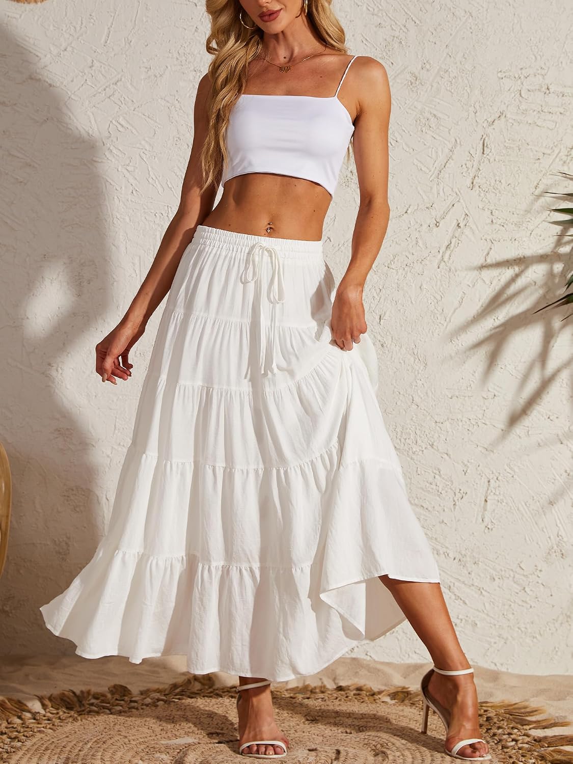 Maxi Skirts for Women Boho Flowy Tiered Elastic Waist A Line Long Skirts