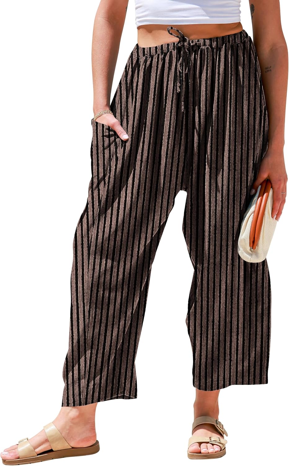 TARSE Womens Wide Leg Striped Linen Pants with Pocket