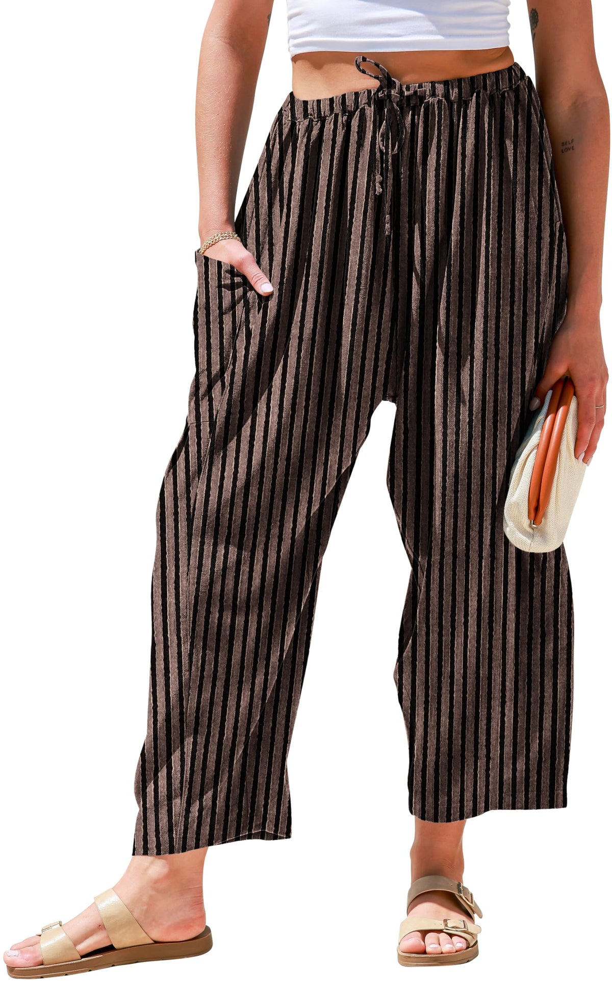 TARSE Womens Wide Leg Striped Linen Pants with Pocket