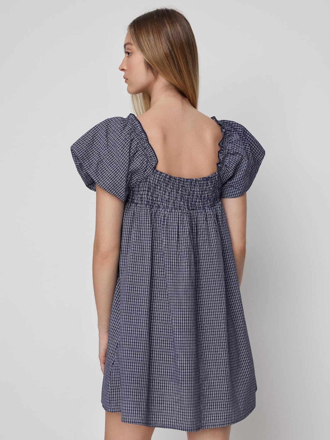 CIDER Womens Cotton Blend Gingham Shirred High Rise Mini Dress