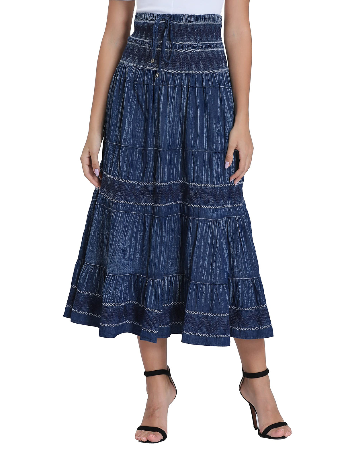 DREFBUFY Womens Denim Skirt High Waist Pleated Tiered Long Skirts Maxi Casual Style Jean Dress for Women