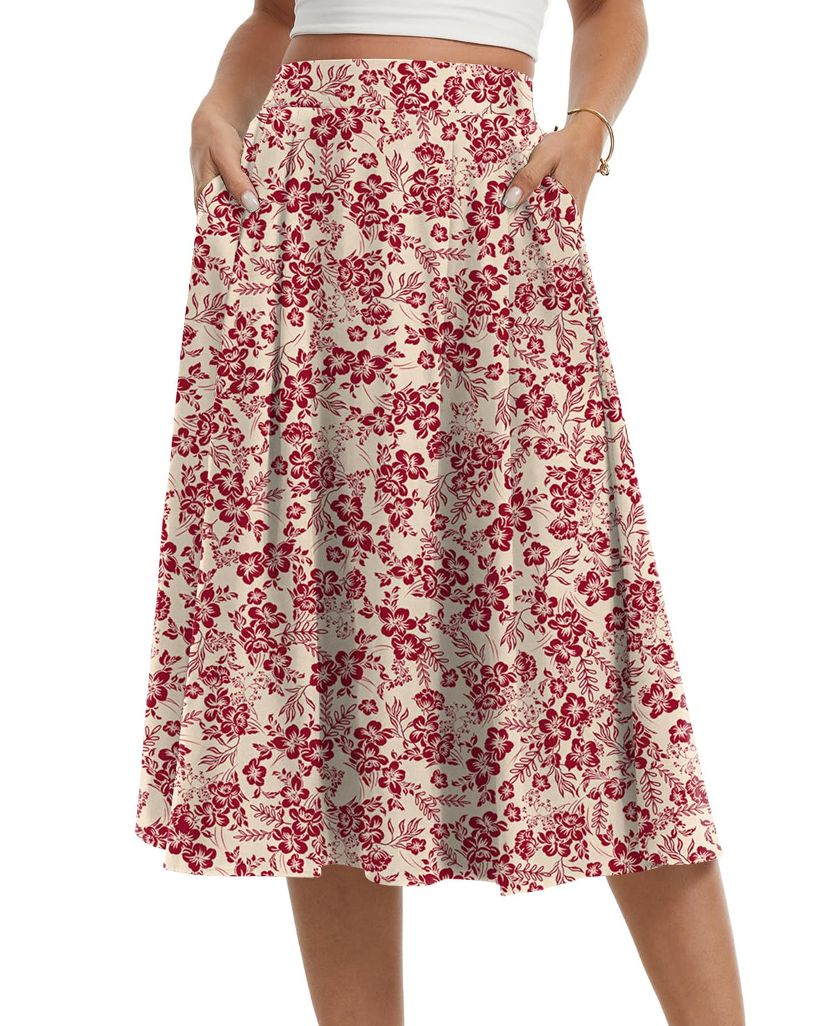 Womens Midi Flowy Skirts A-Line Casual Skirt with Pockets S-2XL