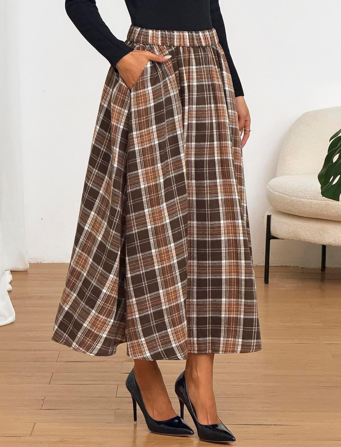 ZAFUL Womens Plaid Skirts Elastic Waist A-Line Pleated Midi Skirts