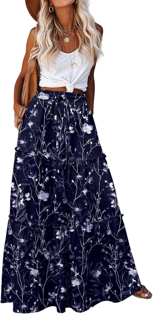 Zeagoo Womens Casual Maxi Skirts for Women 2026 High Waist Boho Skirts Floral Printed Long Flowy Skirt with Pockets