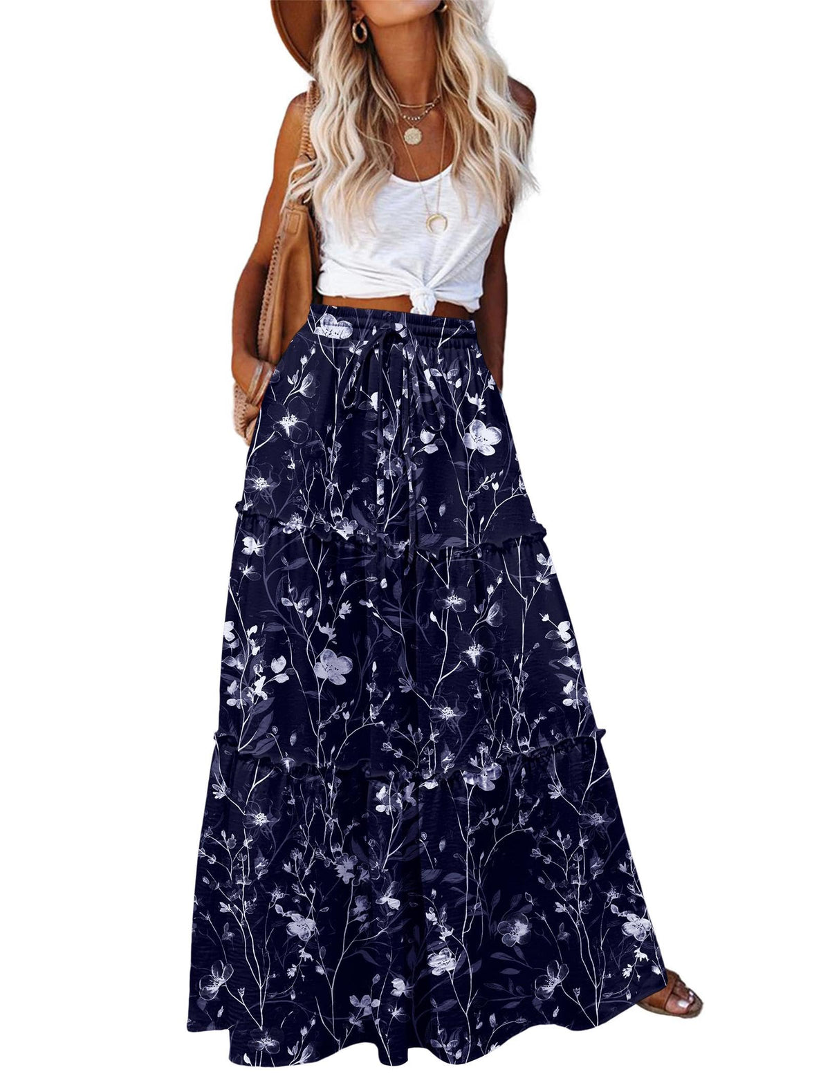 Zeagoo Womens Casual Maxi Skirts for Women 2026 High Waist Boho Skirts Floral Printed Long Flowy Skirt with Pockets