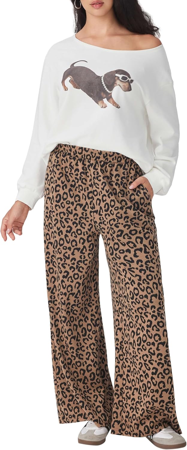 CIDER Women Leopard Print Wide Leg Lounge Pants Sweatpants Trousers