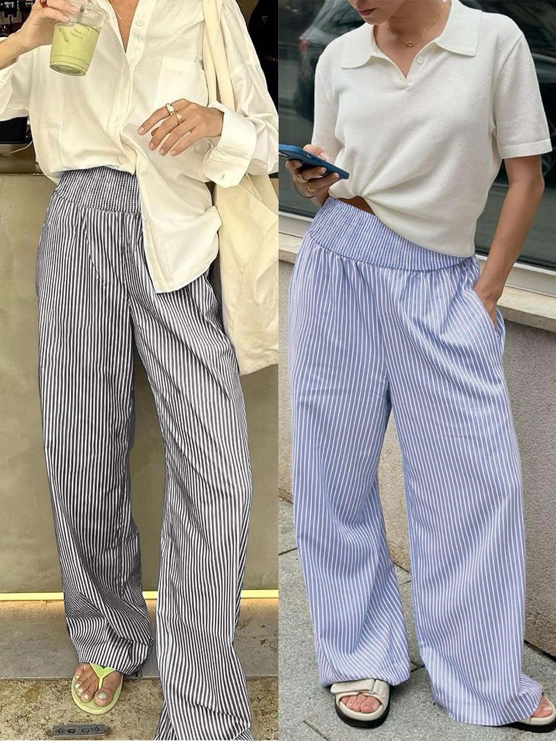 ANRABESS Womens Striped Gingham Wide Leg Palazzo Pants with Pockets