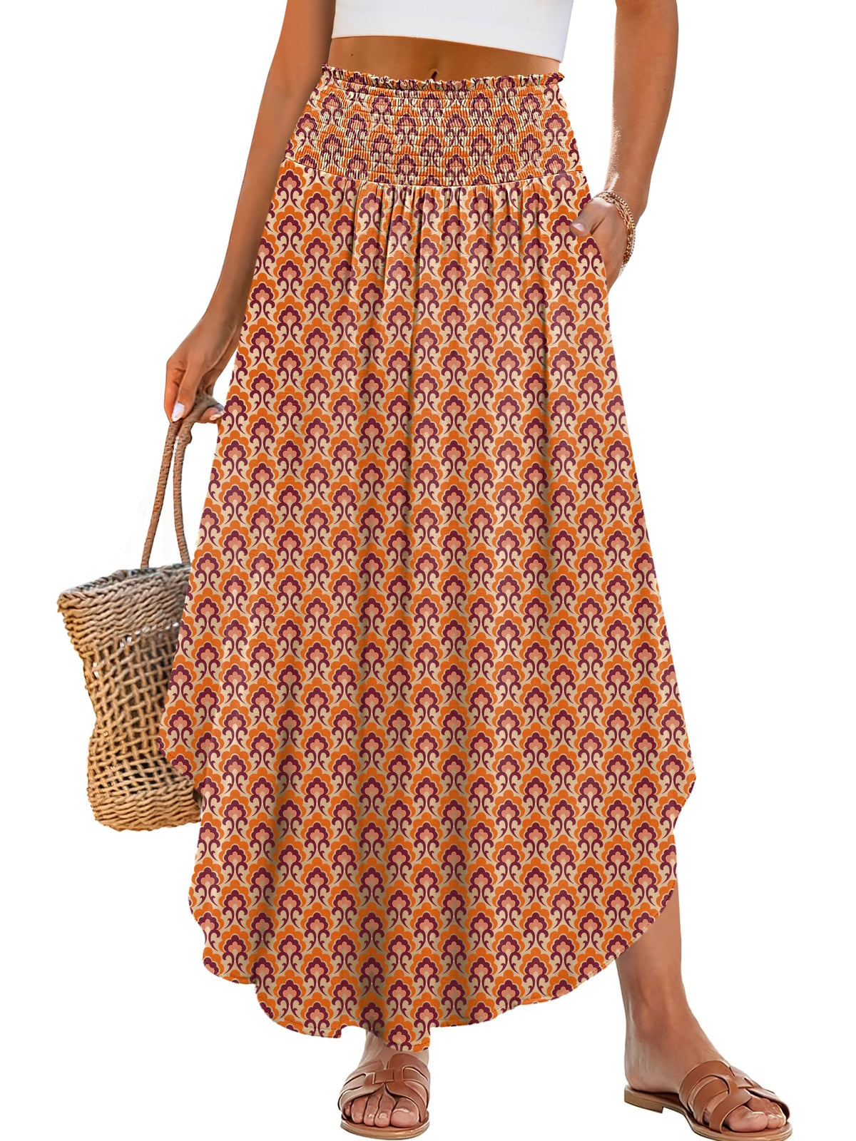 ANRABESS Women's Maxi Skirts Summer Boho Floral High Waisted Flowy Swing Pleated Beach Long Skirt with Pockets