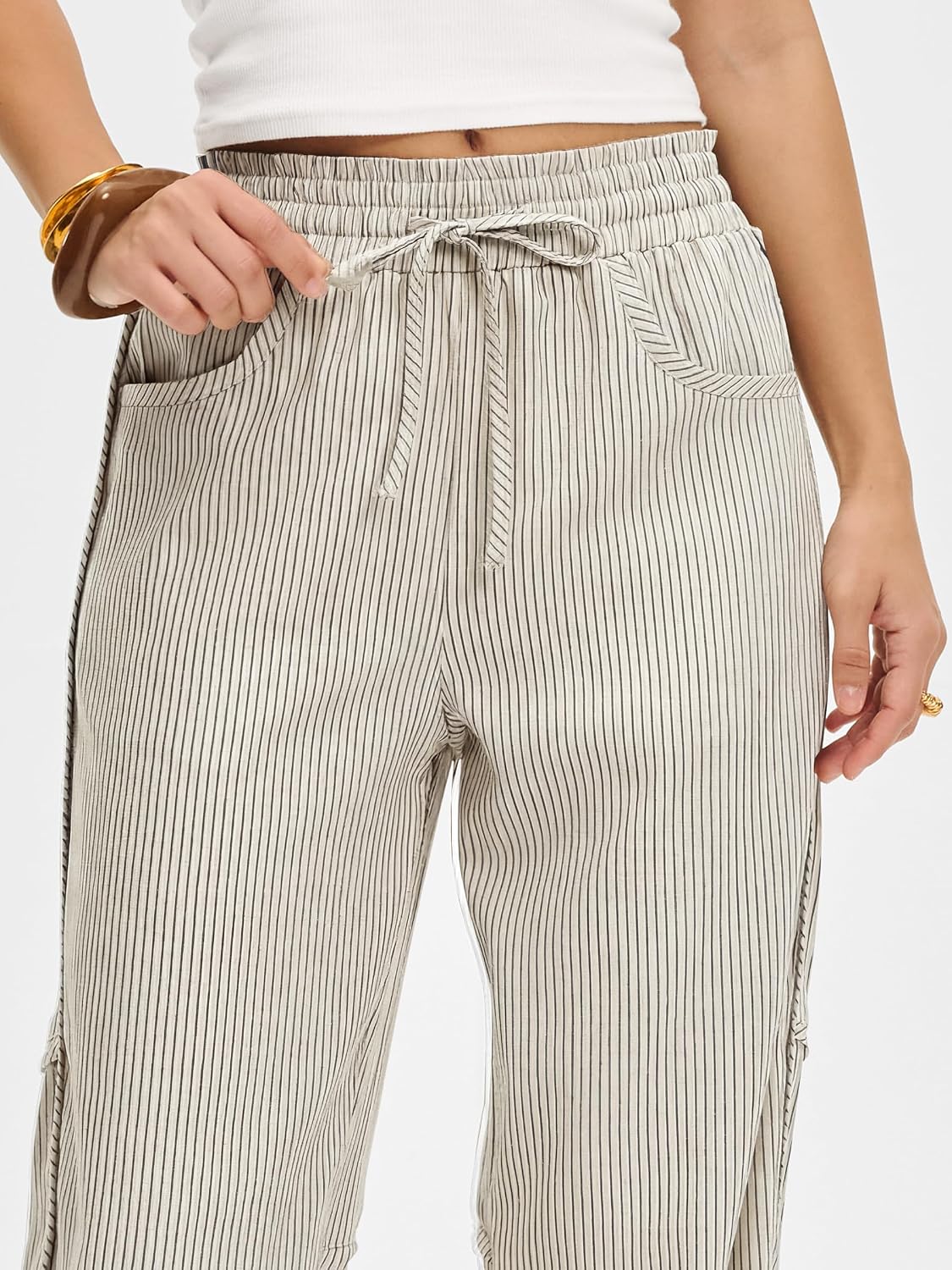 ANRABESS Womens Striped Barrel Casual Pants 2026 Trendy Summer Elastic Drawstring Baggy Lounge Wide Leg Trousers with Pockets