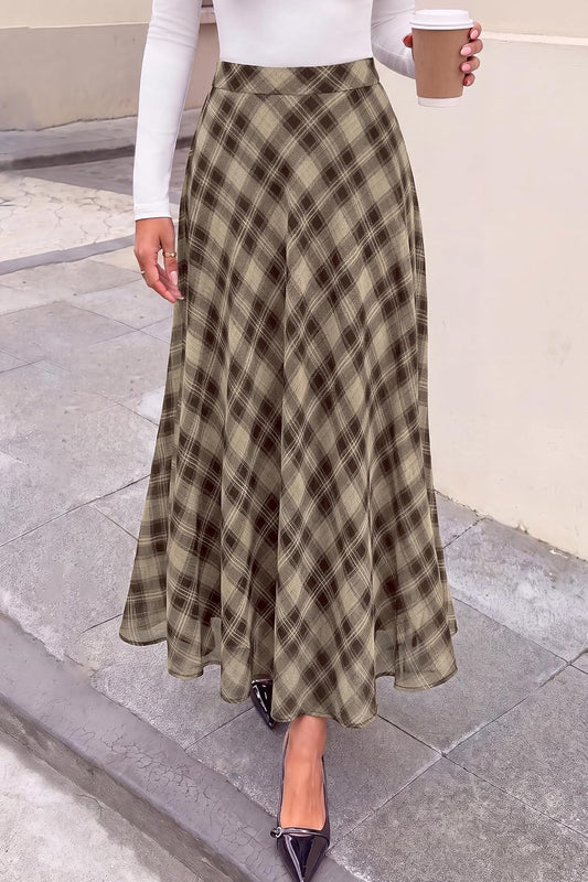 dowerme Casual A-Line Plaid Maxi Skirts for Women Trendy