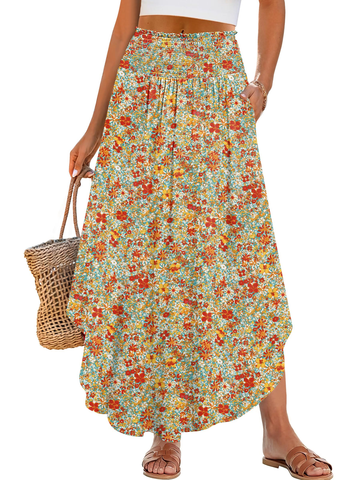 ANRABESS Women's Maxi Skirts Summer Boho Floral High Waisted Flowy Swing Pleated Beach Long Skirt with Pockets