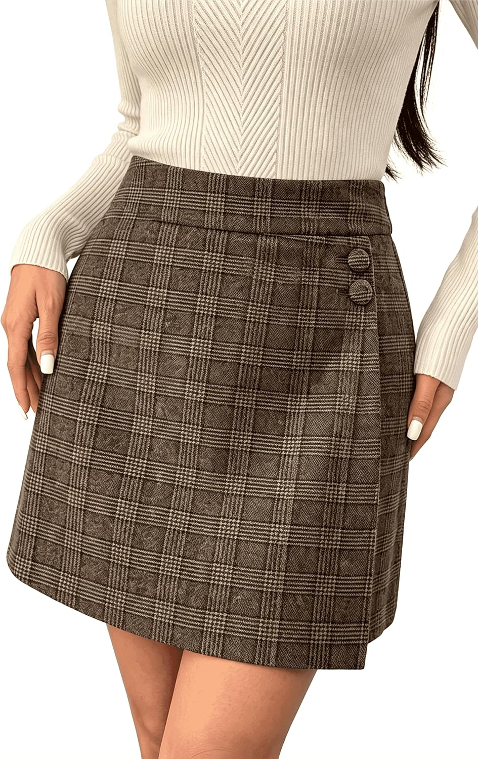 Pink Queen Plaid Skirts for Women with Pockets Button Decor Wrap Hem