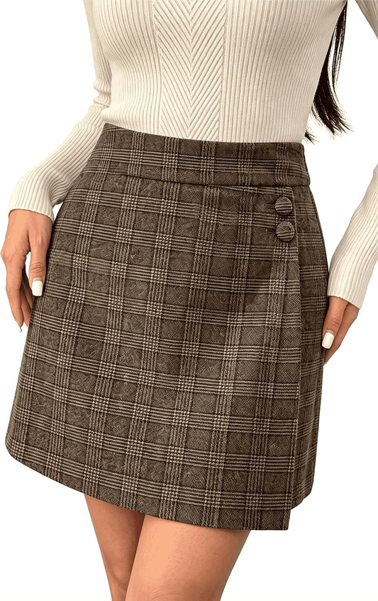 Pink Queen Plaid Skirts for Women with Pockets Button Decor Wrap Hem