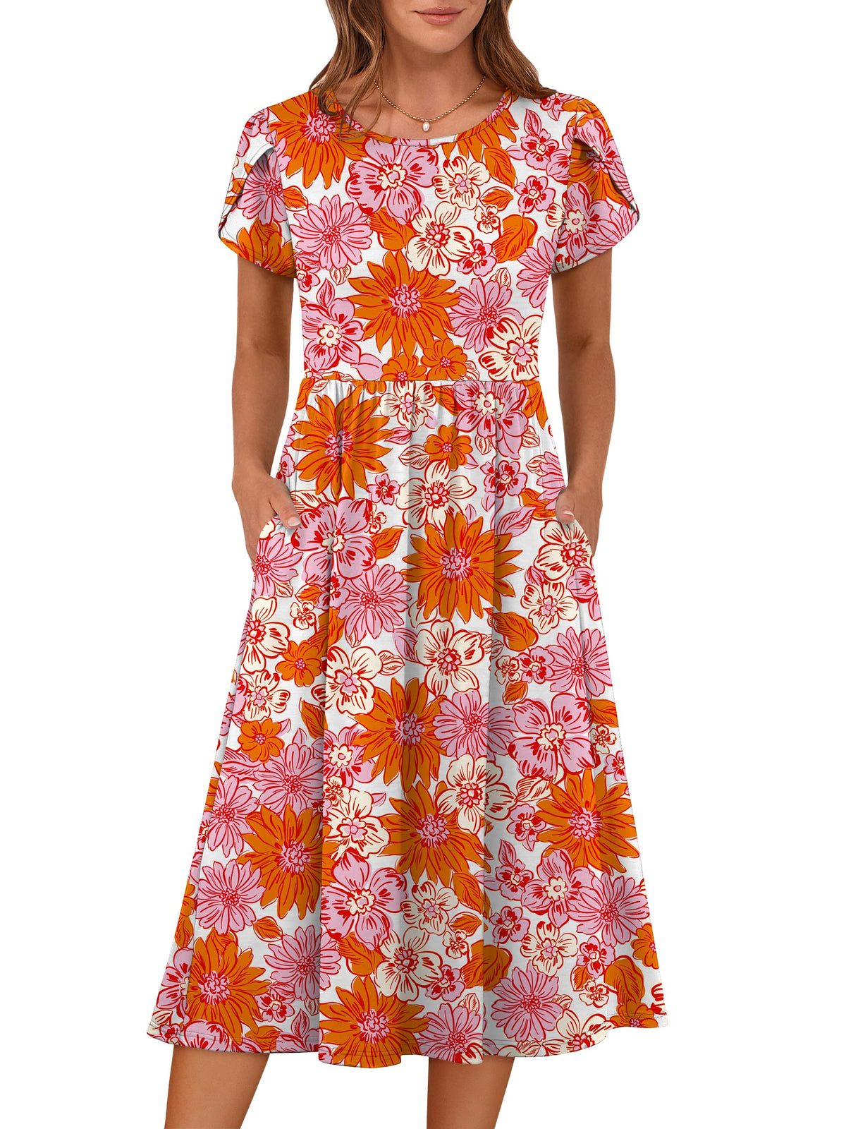 ANRABESS Women's Summer Petal Short Sleeve Midi Dress with Pockets