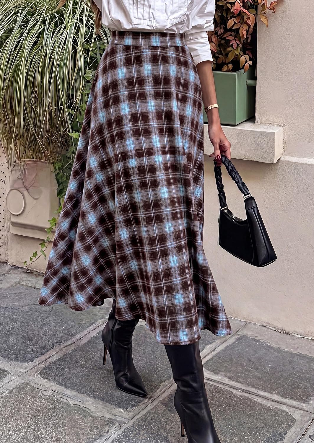 PRETTYGARDEN Women's Plaid High Waisted A-Line Midi Skirts