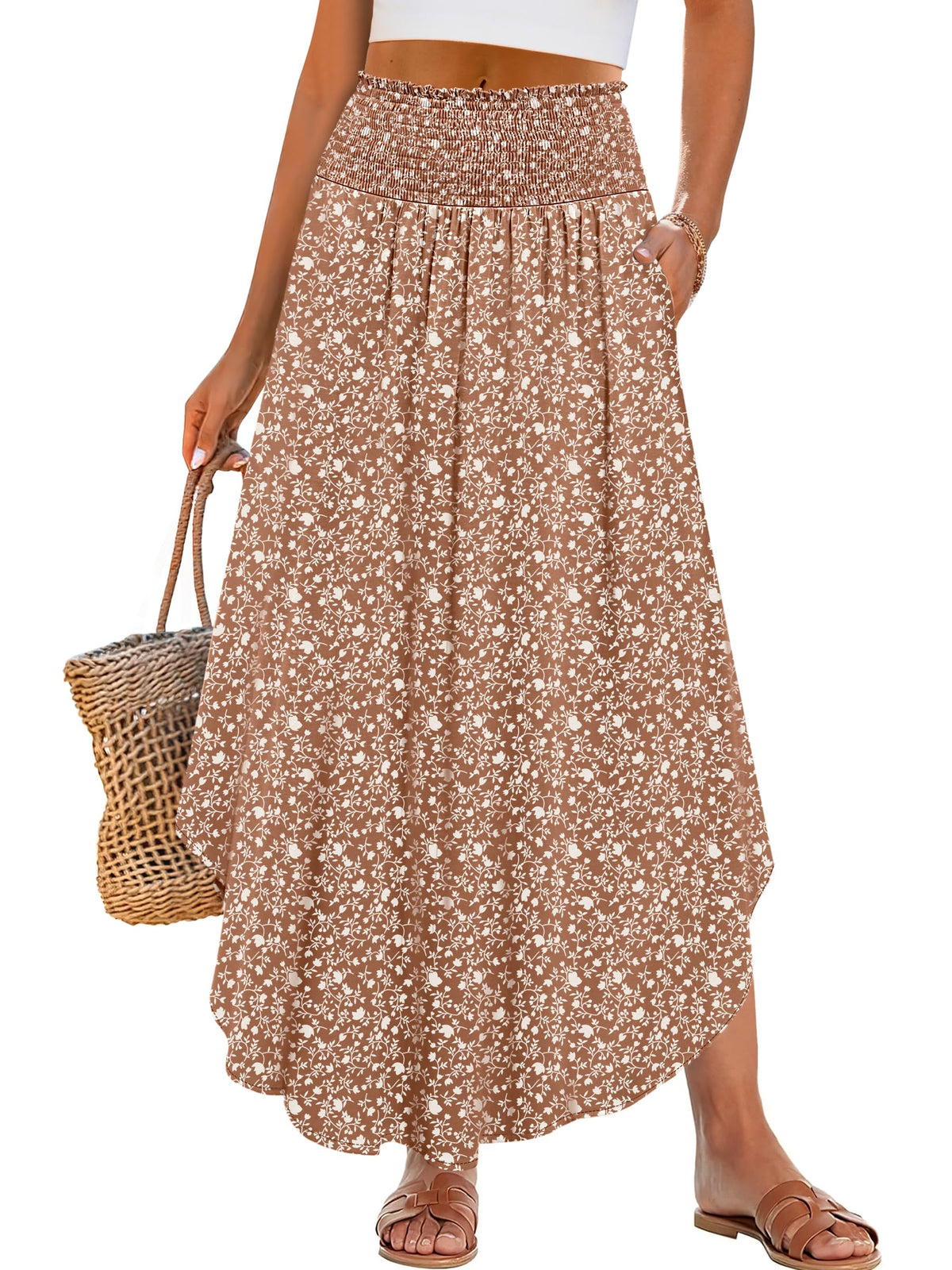 ANRABESS Women's Maxi Skirts Summer Boho Floral High Waisted Flowy Swing Pleated Beach Long Skirt with Pockets