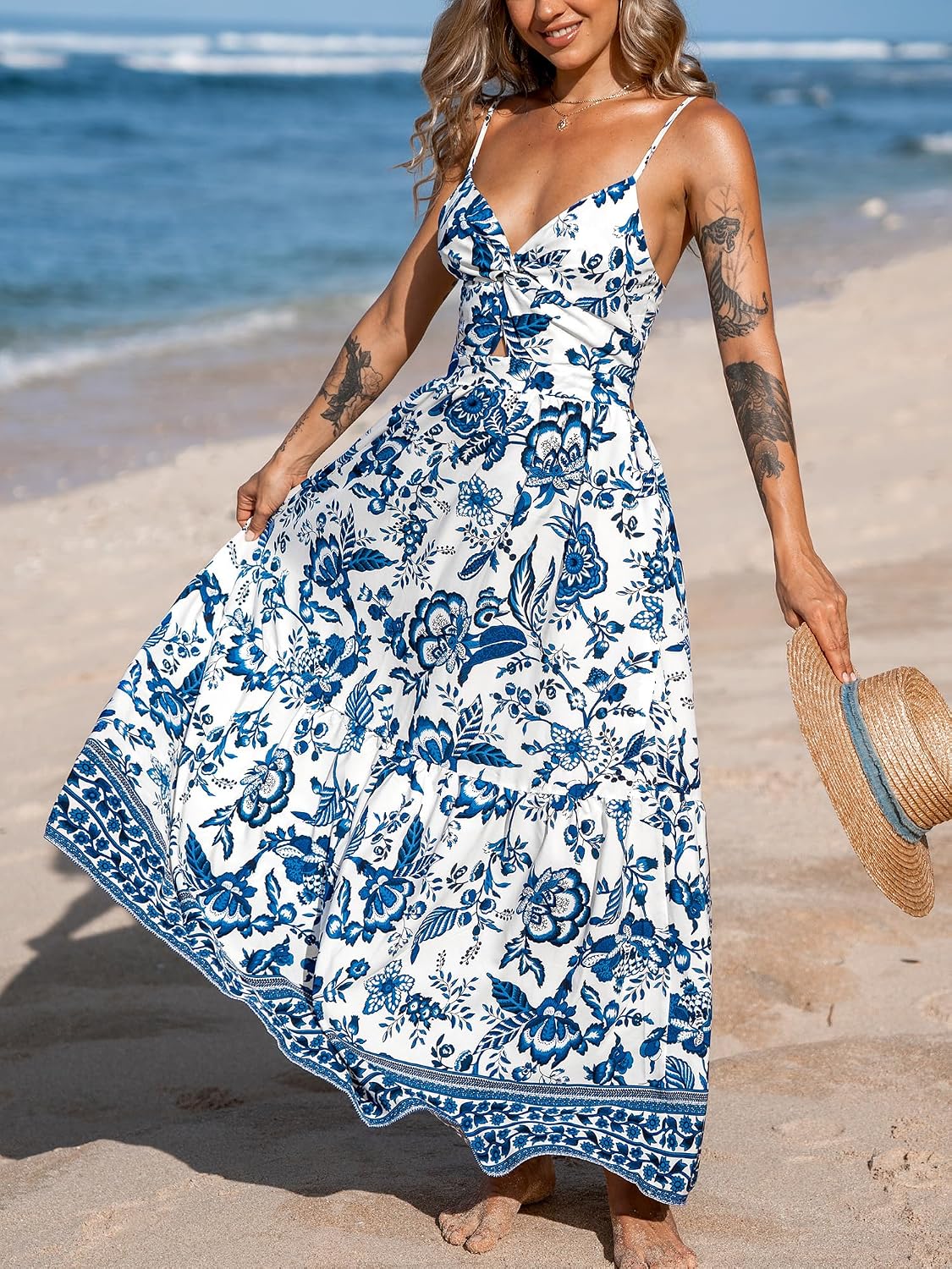 CUPSHE Women's Maxi Dress Floral Print Twisted V Neck Sleeveless Long Dress Summer Casual Dress