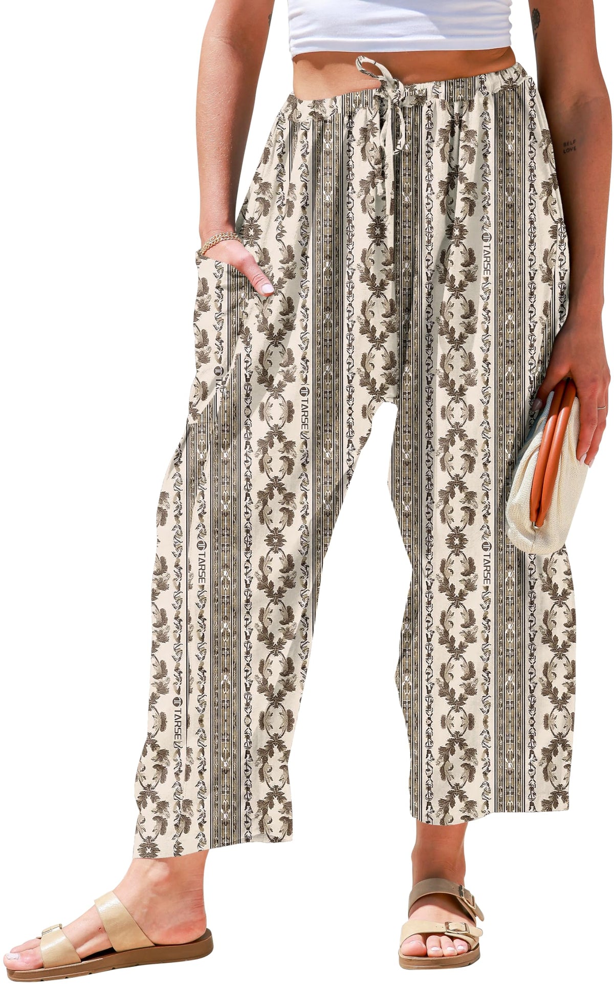 TARSE Womens Wide Leg Striped Linen Pants with Pocket