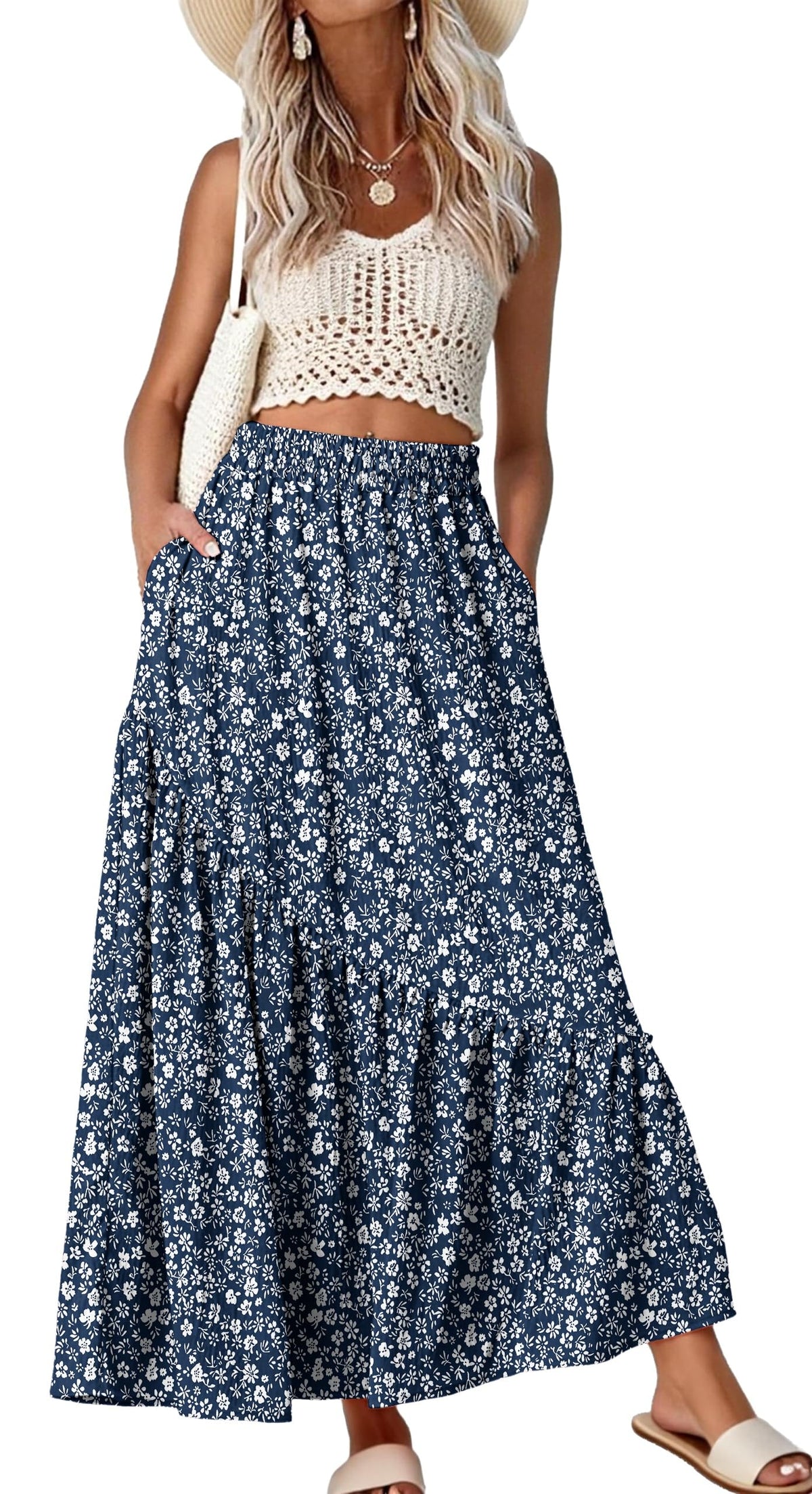 GRECERELLE Women's Maxi Skirt High Waist Tiered A-Line with Pockets
