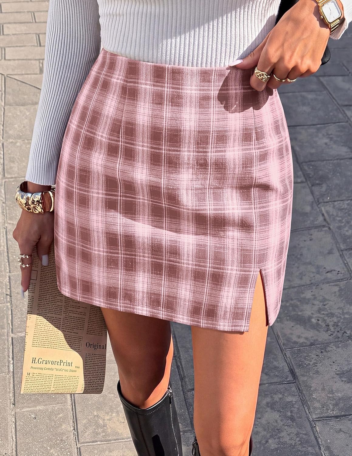 PRETTYGARDEN Women's Plaid Mini Bodycon Pencil Skirts Fall