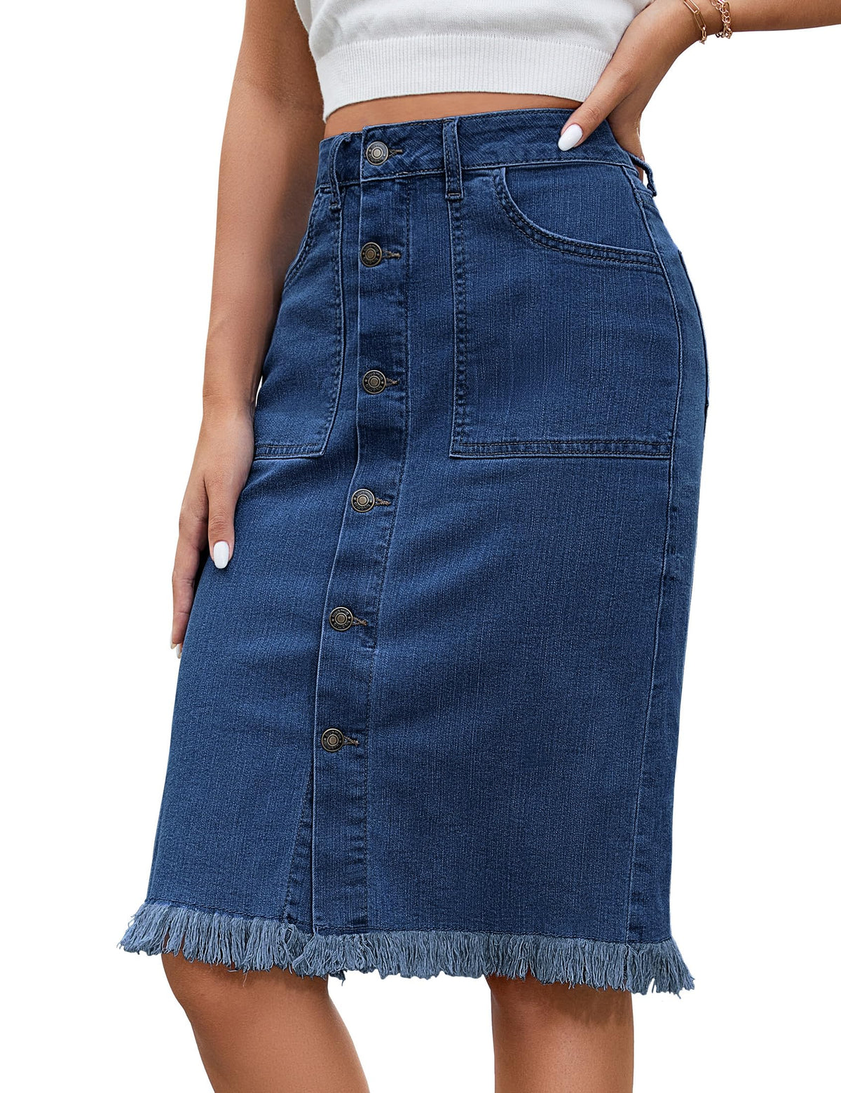luvamia Women's Casual Mid Rise Button Down Frayed Raw Hem Denim Jean Midi Skirt