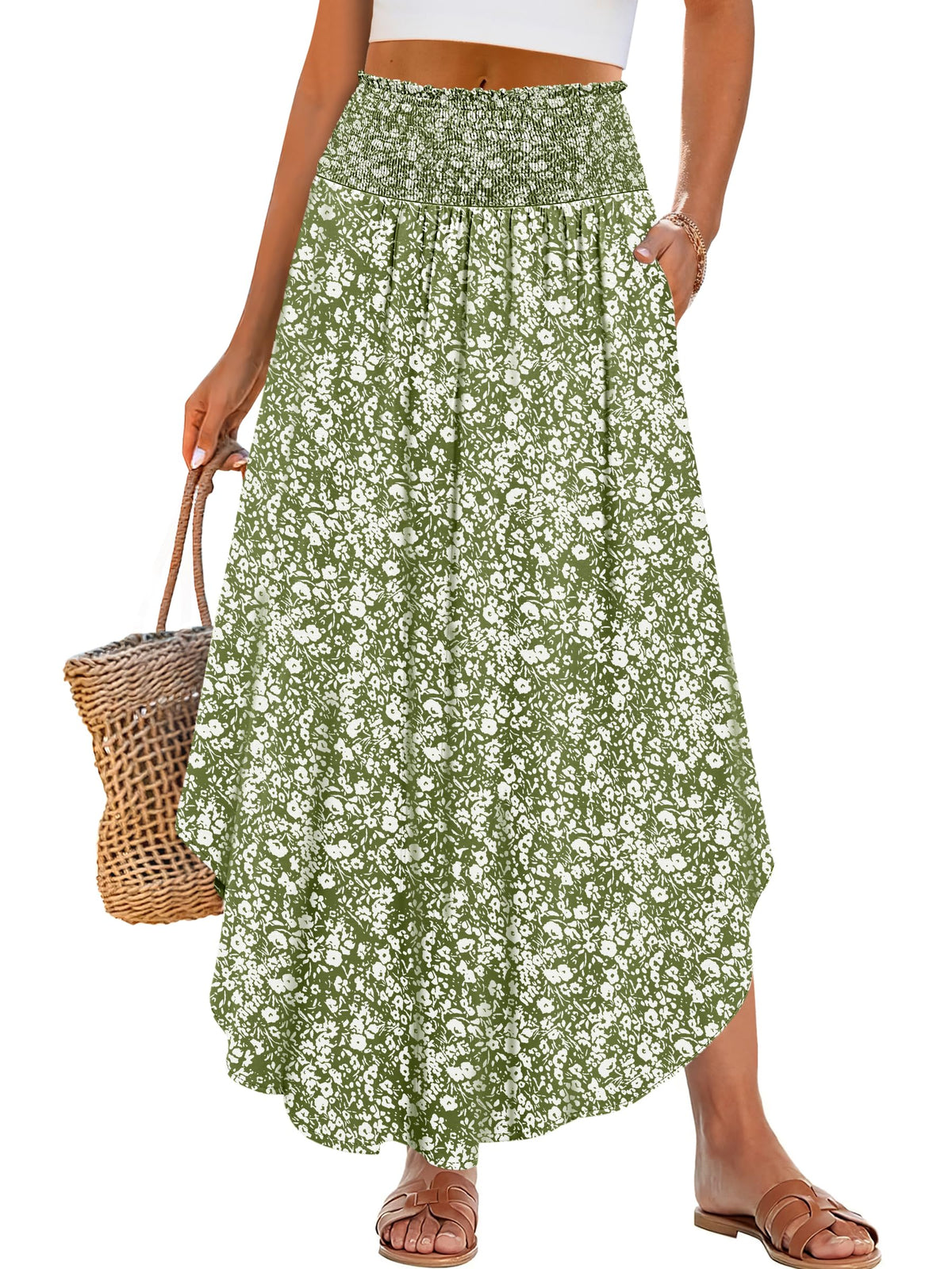 ANRABESS Women's Maxi Skirts Summer Boho Floral High Waisted Flowy Swing Pleated Beach Long Skirt with Pockets