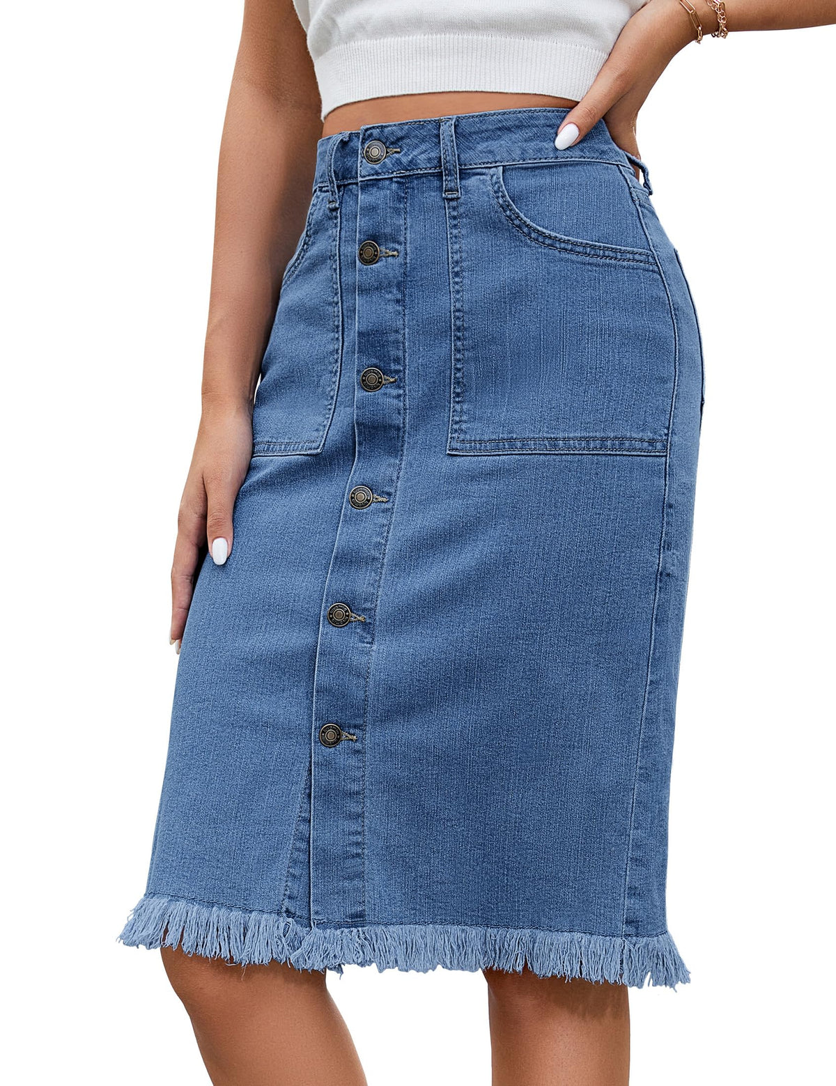 luvamia Women's Casual Mid Rise Button Down Frayed Raw Hem Denim Jean Midi Skirt