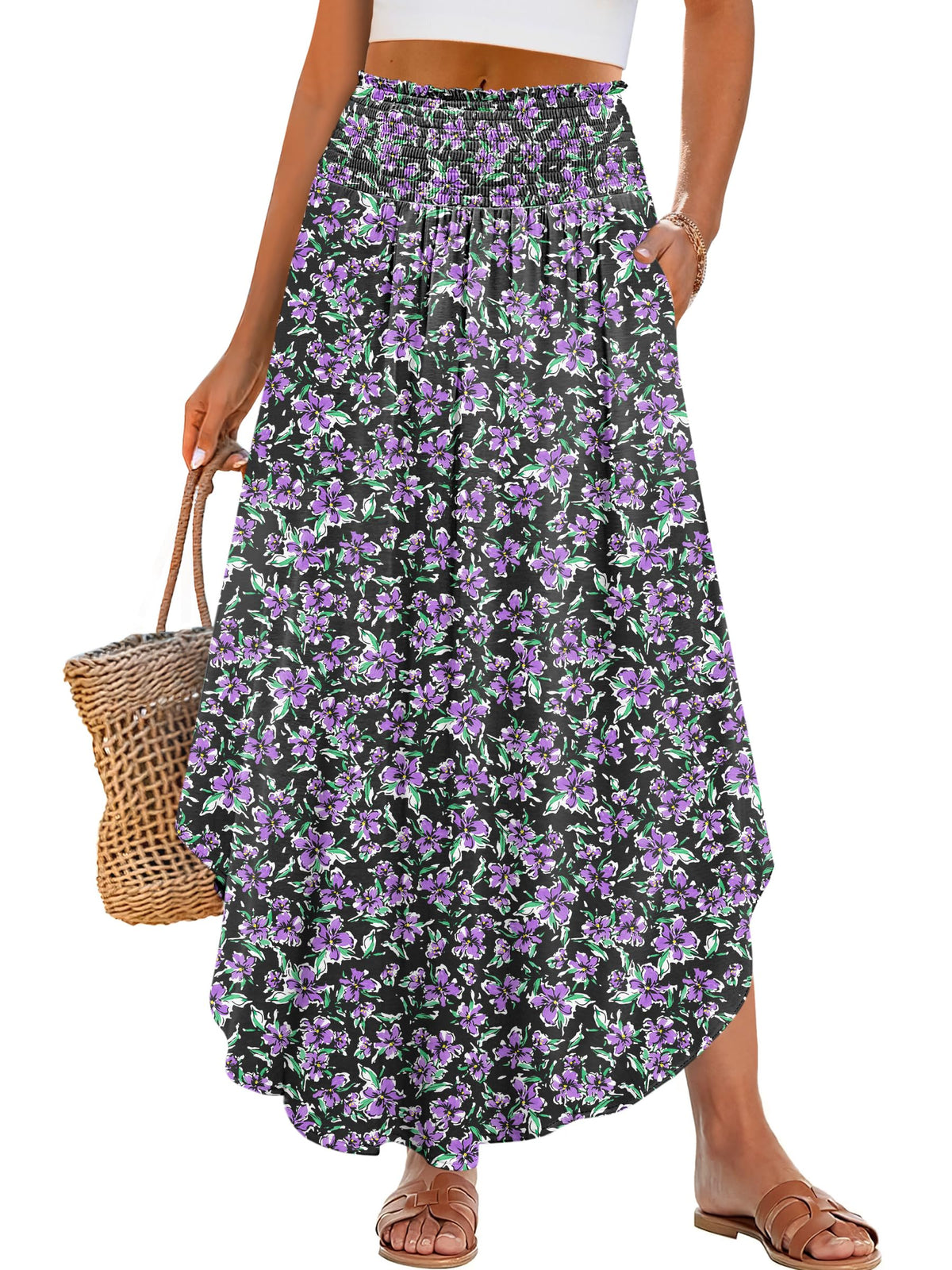 ANRABESS Women's Maxi Skirts Summer Boho Floral High Waisted Flowy Swing Pleated Beach Long Skirt with Pockets