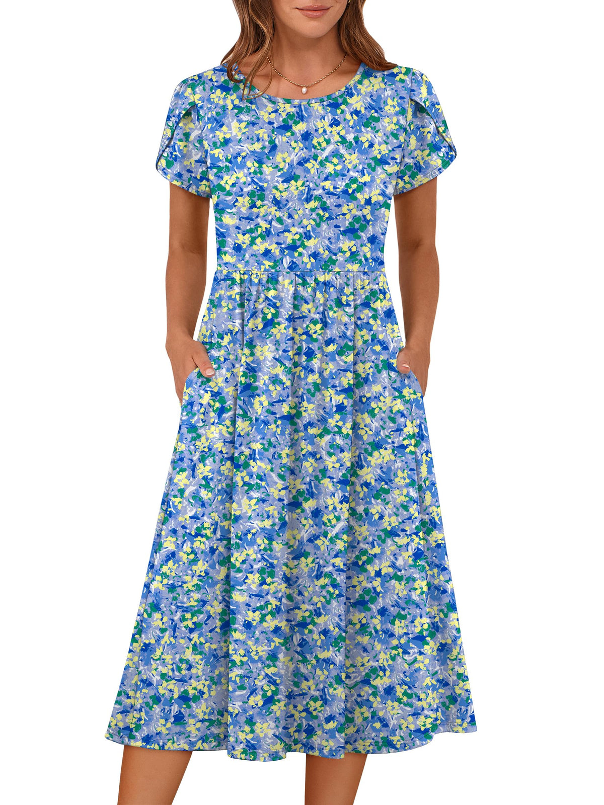 ANRABESS Women's Summer Petal Short Sleeve Midi Dress with Pockets