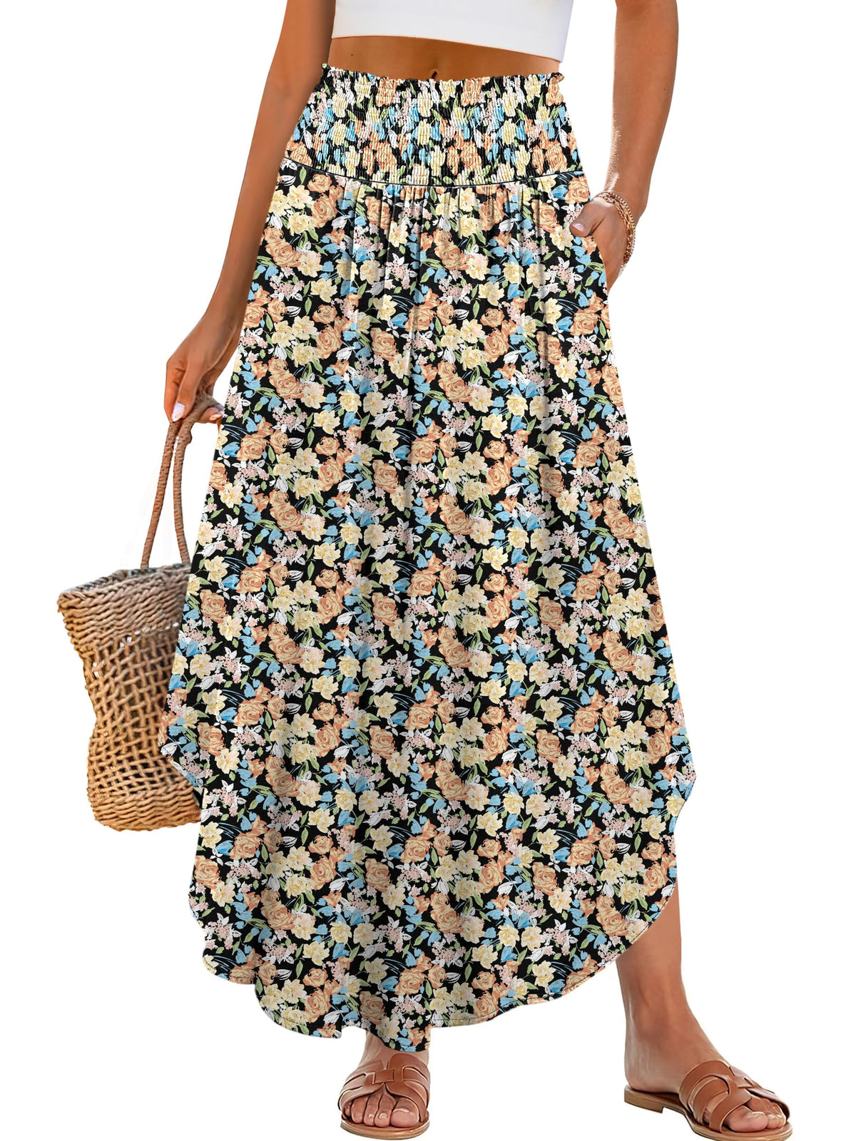 ANRABESS Women's Maxi Skirts Summer Boho Floral High Waisted Flowy Swing Pleated Beach Long Skirt with Pockets