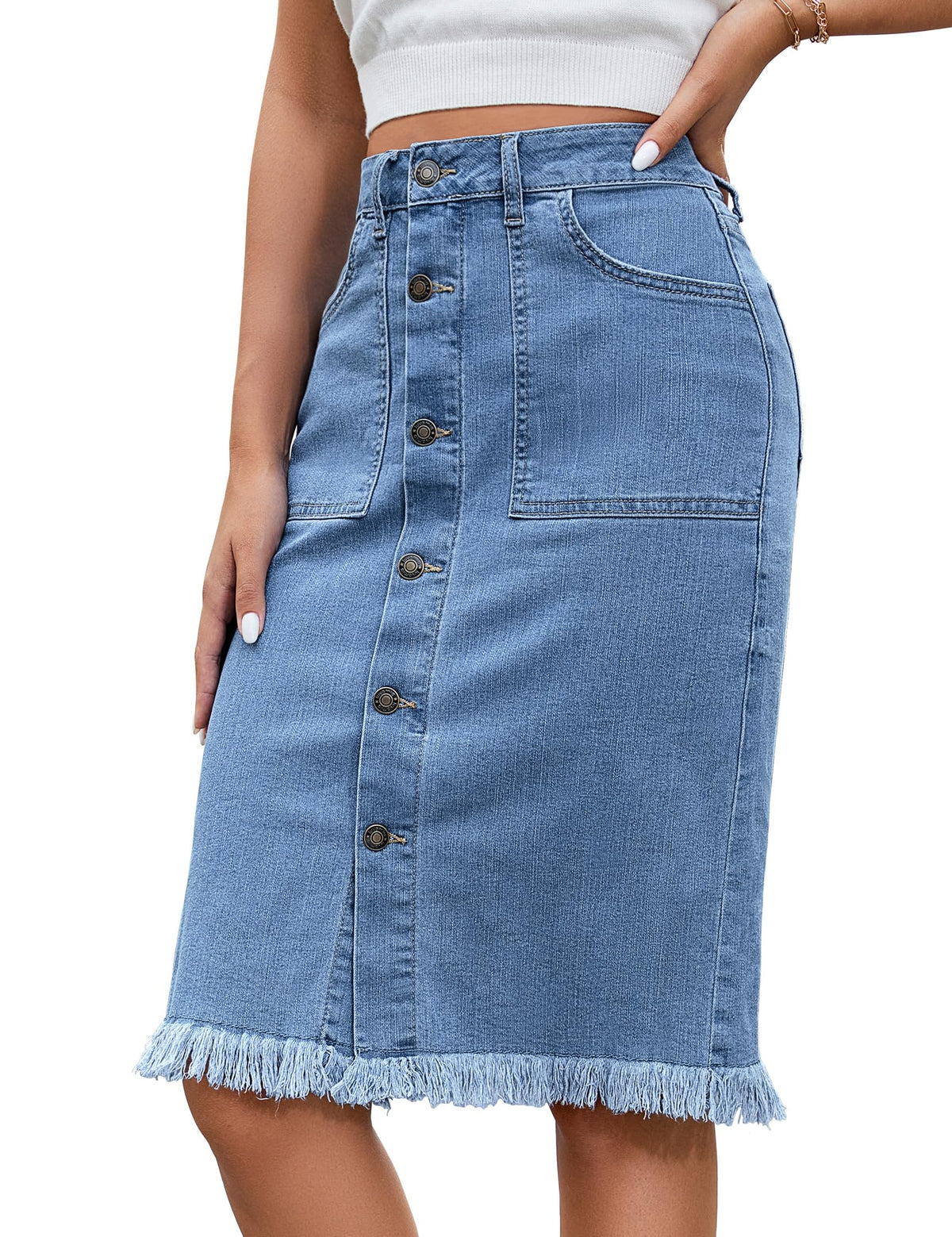 luvamia Women's Casual Mid Rise Button Down Frayed Raw Hem Denim Jean Midi Skirt