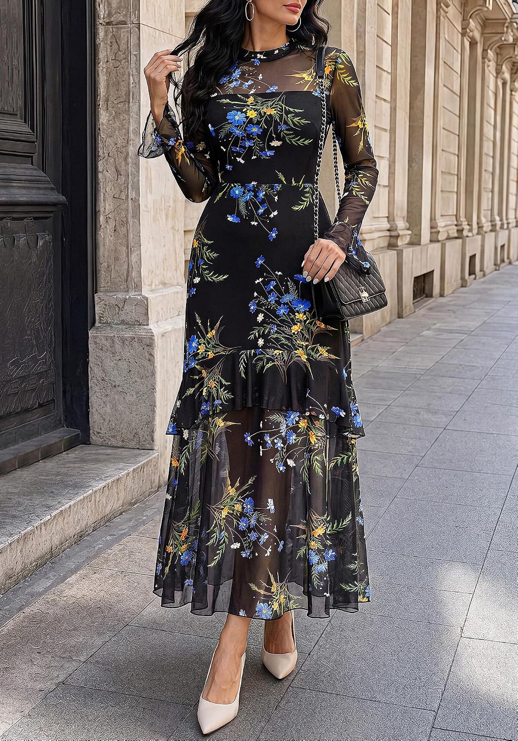 BTFBM Elegant Wedding Guest Dress Long Sleeve Maxi Dresses for Women
