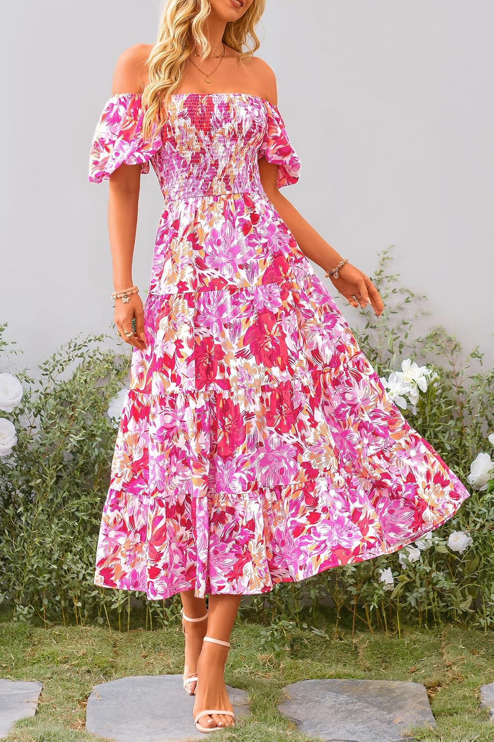 PRETTYGARDEN Women's Smocked Midi Wedding Guest Dress