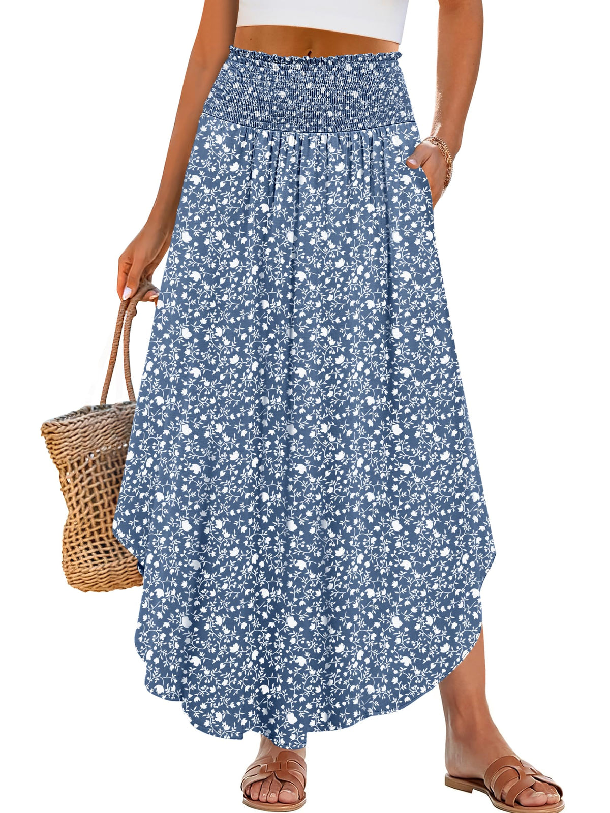 ANRABESS Women's Maxi Skirts Summer Boho Floral High Waisted Flowy Swing Pleated Beach Long Skirt with Pockets