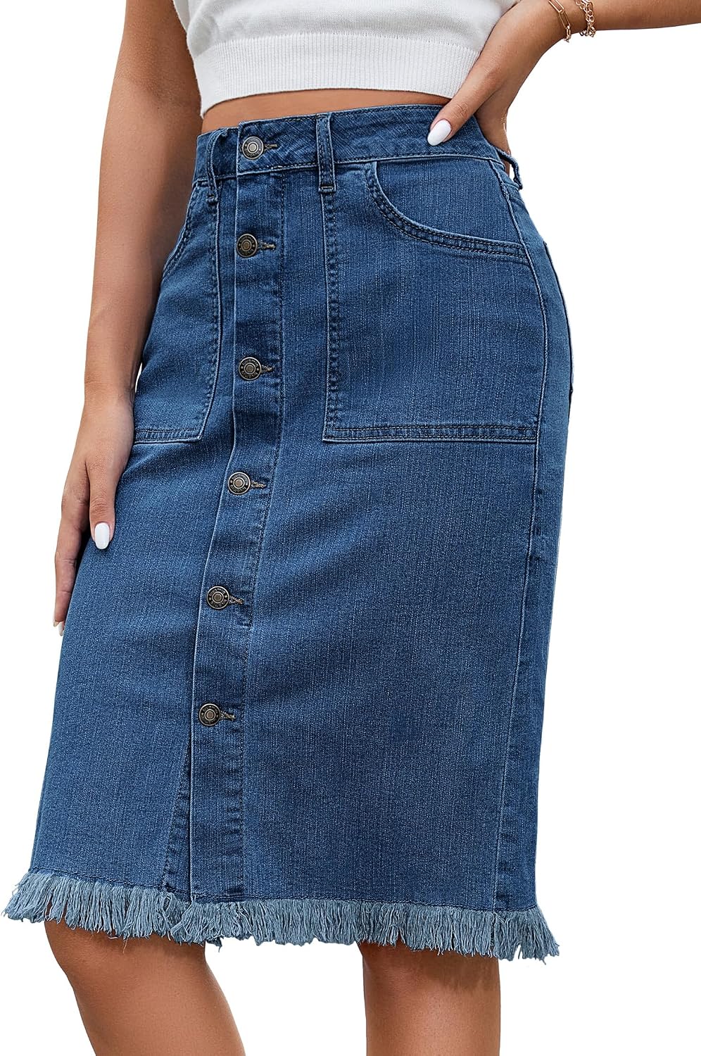 luvamia Women's Casual Mid Rise Button Down Frayed Raw Hem Denim Jean Midi Skirt